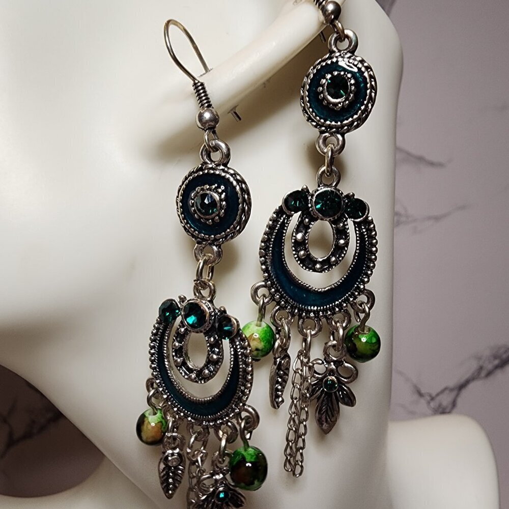 Fashion Green Rhinestone Long Dangle Earrings - Picture 2 of 6